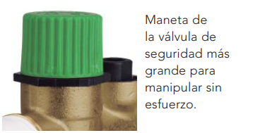 Manetas cómodas y fáciles de accionar El diseño del grupo está pensado para facilitar la manipulación. Incorpora una maneta de accionamiento cómoda, con posibilidad de operar mediante destornillador plano, y una maneta de válvula de seguridad más grande, diseñada para poder manipularla sin esfuerzo.  El volante estriado proporciona un mejor agarre, facilitando las operaciones de apertura, cierre o comprobación.  Estas mejoras hacen que el grupo sea más cómodo tanto para el instalador como para futuras tareas de mantenimiento.